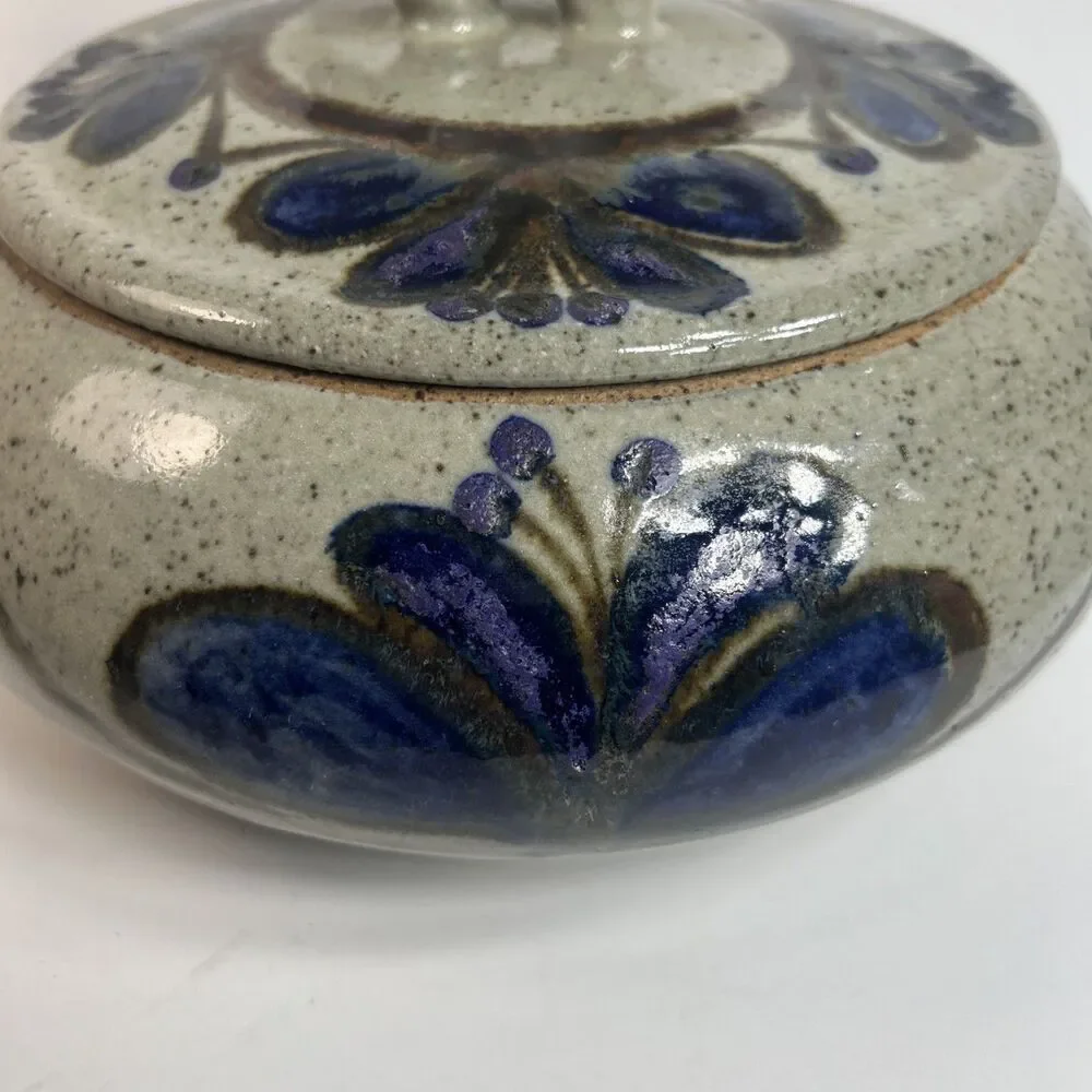 Vintage Studio Art Pottery Stoneware w Lid Blue Purple Speckled Brown Signed 9”